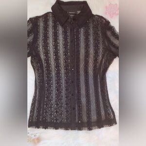 Express Black Long Sleeve Lace Button Up Blouse